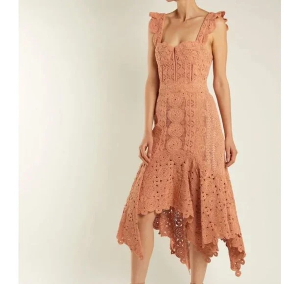 JONATHAN SIMKHAI Cotton-Macramé Lace Handkerchief-Hem Coral-Peach Dress 4 - Picture 1 of 11